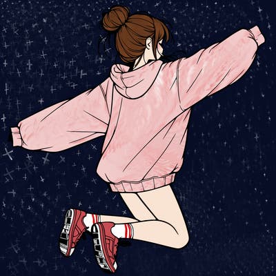 realistic girl jumping with a bun and oversized sweatshirt