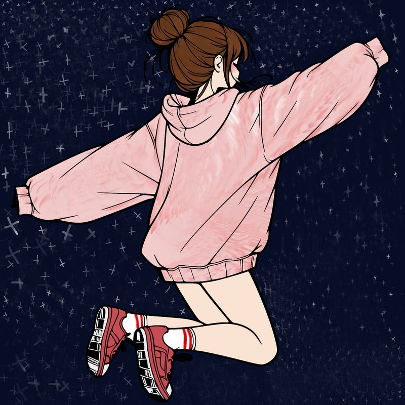 realistic girl jumping with a bun and oversized sweatshirt