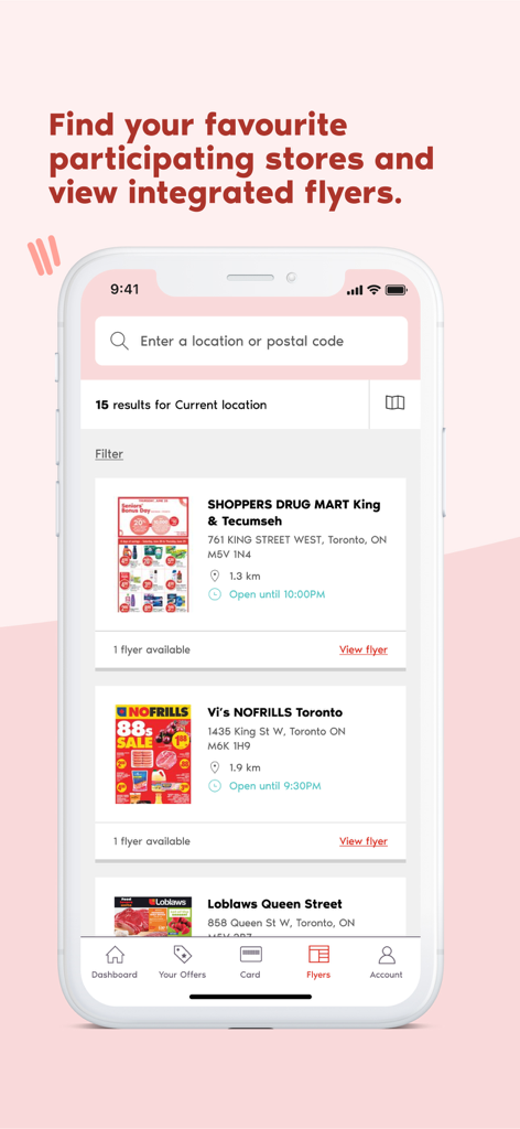 PC Optimum app screen showing a list of nearby stores like Shoppers Drug Mart and No Frills with their weekly flyers