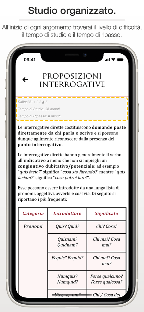 iLatinista (PRO) - A Latin grammar lesson in the iLatinista PRO app showing a study dashboard with difficulty levels and estimated times.