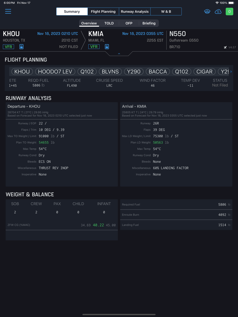 Genesis PRO - Genesis PRO app dashboard showing flight planning summary runway analysis and weight and balance for a corporate jet