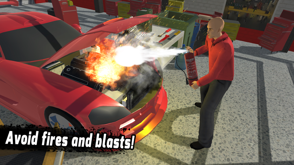 My Summer Car Fix: Auto Mechanic Simulator - Un mecánico usando un extintor en un motor de coche en llamas en un garaje