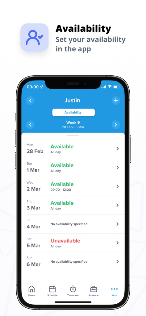 Ecrã da aplicação Shiftbase para definir e visualizar a disponibilidade de trabalho semanal