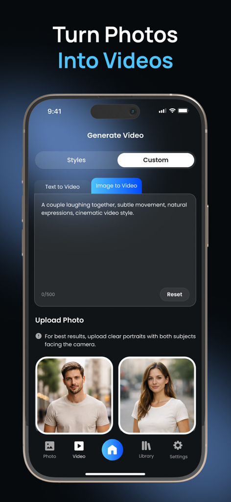 Pixoo-AI Photo&Video Generator - Mobile interface of the Pixoo app showing the tool for converting uploaded photos into cinematic AI videos using custom text prompts.