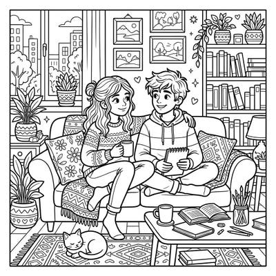 Dive into a charming full-scene coloring adventure featuring a brother and sister enjoying a cozy moment at home. This intricate design is perfect for colorists seeking a detailed and heartwarming project.