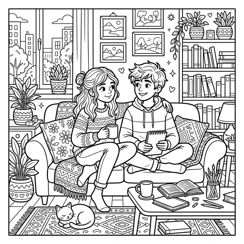 Dive into a charming full-scene coloring adventure featuring a brother and sister enjoying a cozy moment at home. This intricate design is perfect for colorists seeking a detailed and heartwarming project.