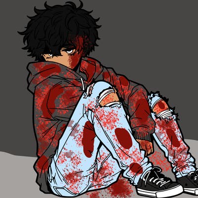 a male hoddie ripped jeans messy hair anime