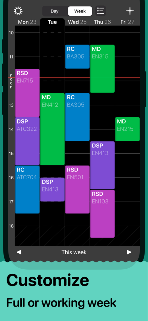 학생 시간표 앱의 색상 코딩된 주간 수업 일정