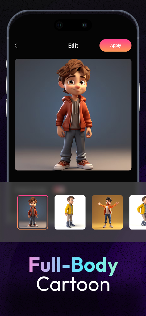 Toon AI: Cartoon photo editor - Interfaz de la aplicación Toon AI mostrando una versión animada en 3D de cuerpo completo de un joven con opciones para diferentes poses.