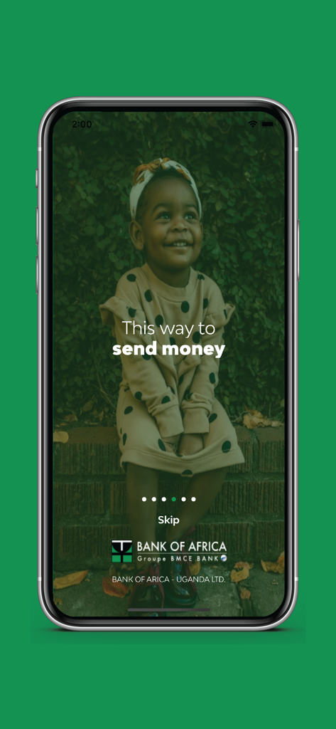 BOA Mobile Wallet onboarding screen for Bank of Africa Uganda with the message This way to send money