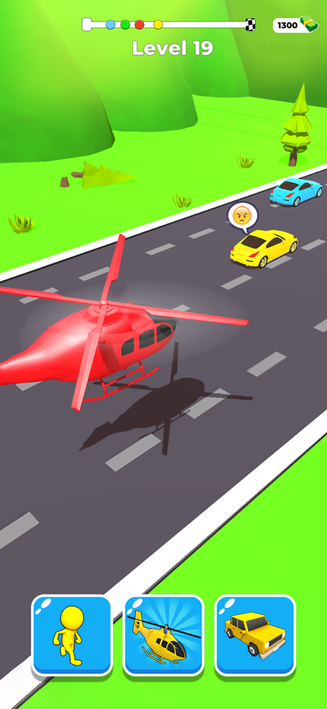 Shape Transform Shifting Games - A red helicopter flying over cars on a road in a shape shifting racing game