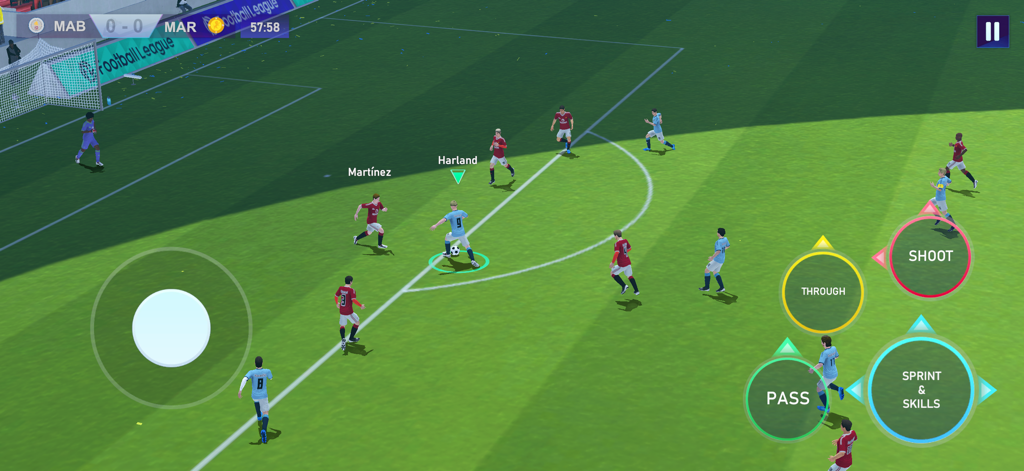 Football League™ 2025 - Gameplay of Football League 2025 showing a soccer match with 3D players and on-screen touch controls