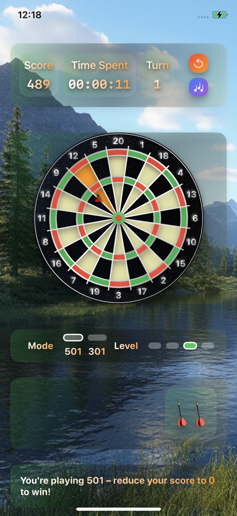 Darts - Darts mobile game interface showing a dartboard with score and time tracking over a scenic mountain background