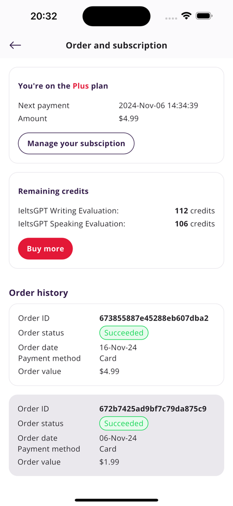 Mini IELTS - Mini IELTS app subscription and order history screen