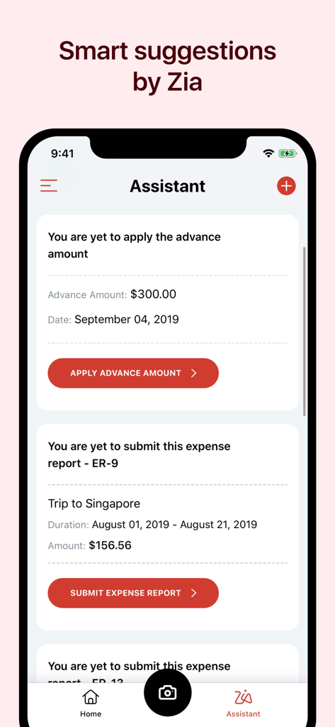 Zoho Expense Zia assistant screen with smart suggestions for pending tasks