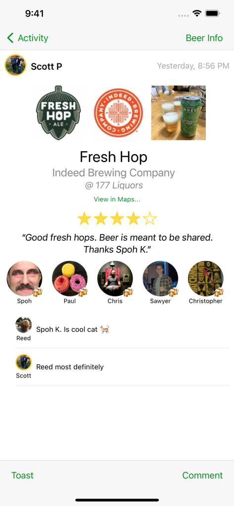Tappd That for Untappd - A detailed beer check-in screen in the Tappd That app showing brewery info ratings and friend comments