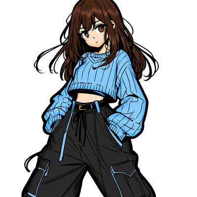 anime teen girl with baggy pants and crop top with sweater