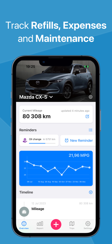 Mobile app dashboard for CarScope showing vehicle mileage maintenance reminders and a fuel efficiency graph