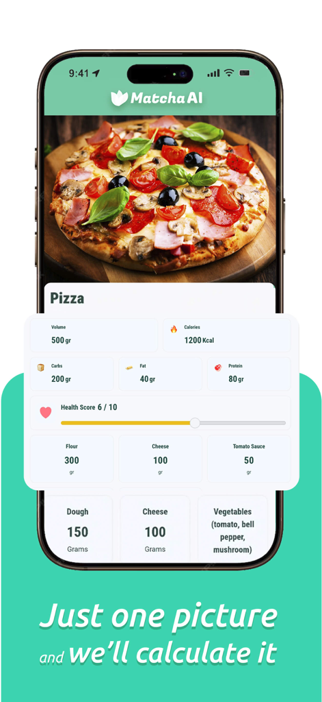 Matcha AI・Food Calorie Scanner - Matcha AIアプリのインターフェース。ピザの写真からカロリーとマクロ栄養素を計算中