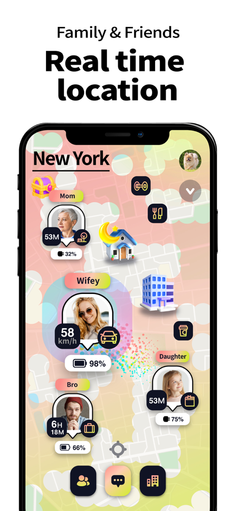 MixerBox BFF app interface showing real-time location sharing with friend icons and battery status on a social map