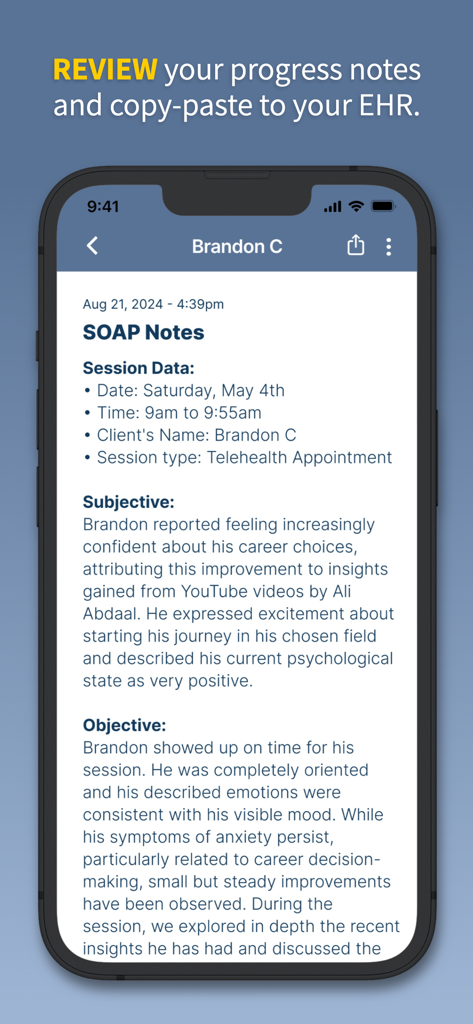 Screenshot of the Moments for Therapists app displaying a completed SOAP note for a telehealth session.