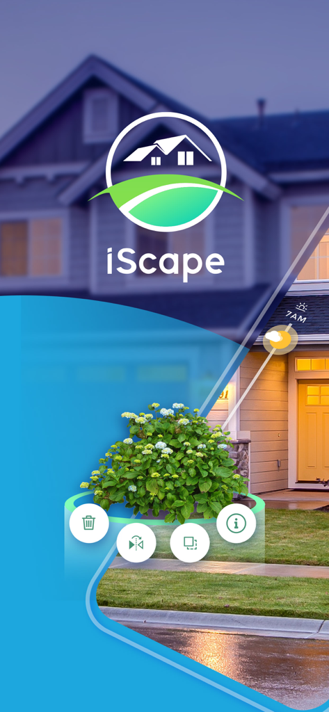 iScape app interface showing augmented reality landscape design with a virtual shrub placed on a residential lawn.