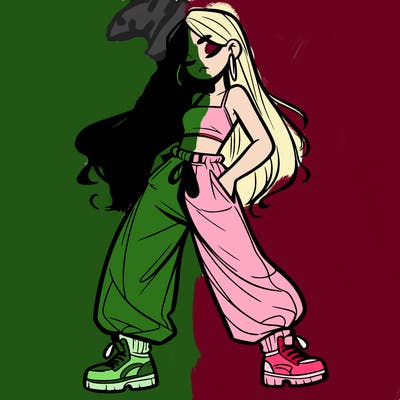 girl in baggy pants crop top and long hair