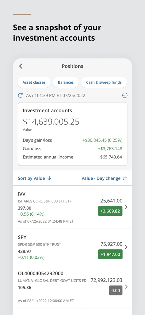 J.P. Morgan Mobile - J.P. Morgan Mobile app screen showing investment account balances and market positions