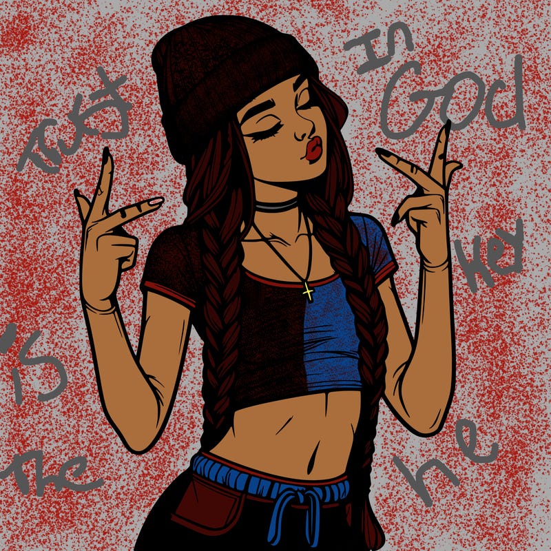 realistic teenage girl with braids and a beanie and crop top doing 🫶🏼