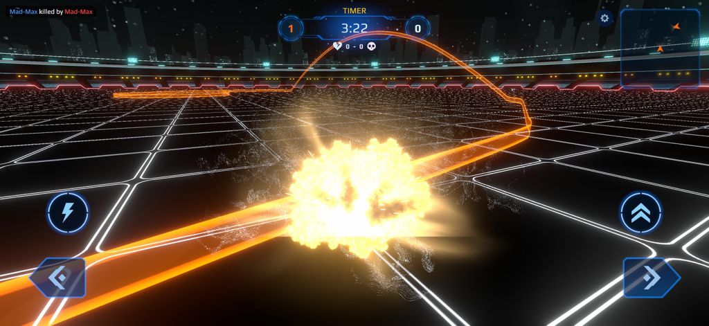 An orange explosion and energy trail in a futuristic neon grid arena