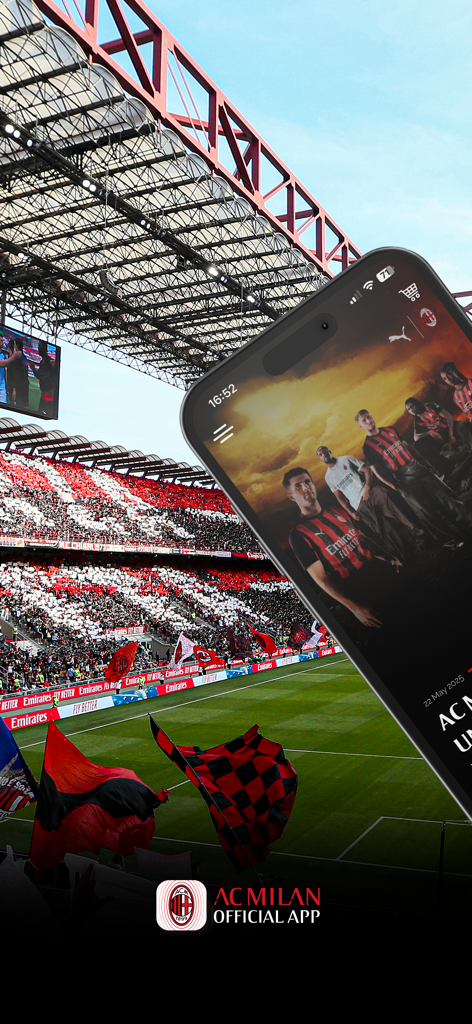 サン・シーロ・スタジアムのファンを背景にACミランアプリのインターフェースが表示されているスマートフォン