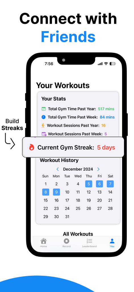 Spartan Gym Social Workout Log - Spartan Gym app interface showing workout statistics, a five day gym streak, and an activity calendar.