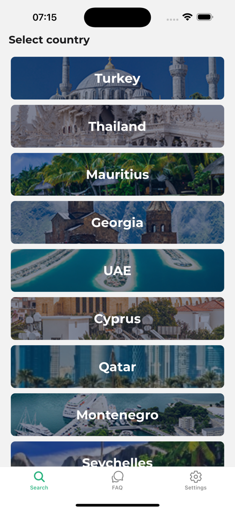 Localrent app screen displaying a vertical list of international countries available for car rental with scenic background images