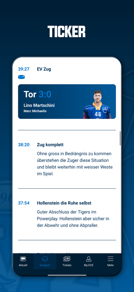 EVZ - Live ice hockey game ticker on the EVZ mobile application