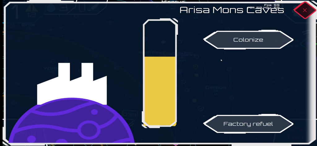 High Frontier 4 All - Game interface for Arisa Mons Caves in High Frontier 4 All showing options to colonize and refuel a factory