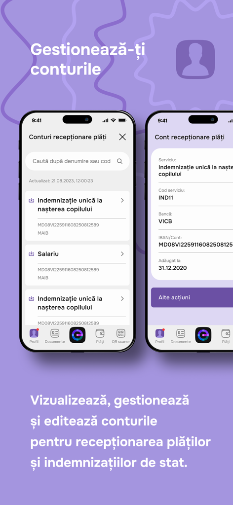 EVOアプリのインターフェース。モルドバの国家給付金や給与を受け取るための銀行口座管理が表示されています