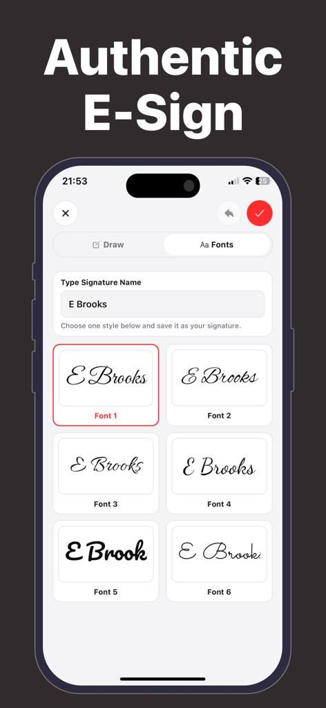 Signature Scanner: Sign PDF - Mobile app interface displaying multiple cursive font styles for creating a professional electronic signature