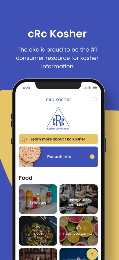 cRc Kosher - Home screen of the cRc Kosher app showing food categories and restaurant guides