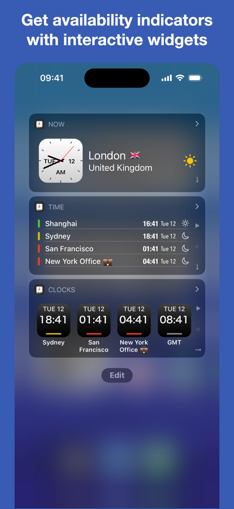 Time Intersect - World Time - Time Intersect app interactive widgets showing world clocks and availability indicators for global cities.