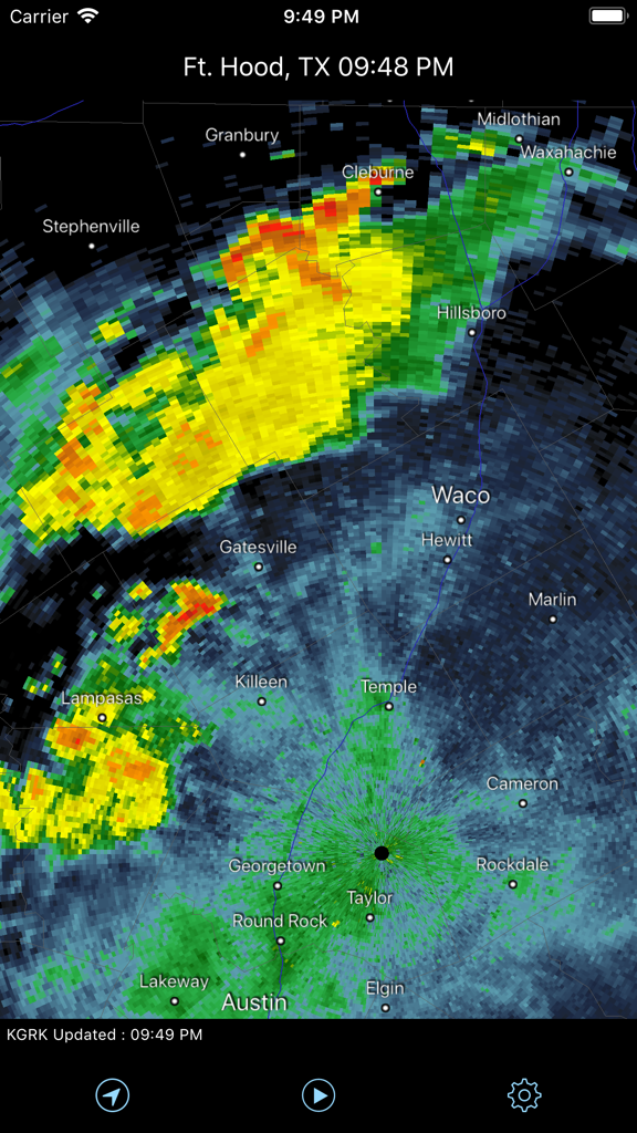 Radar Pro - Radar Pro app displaying live NEXRAD weather radar over Central Texas