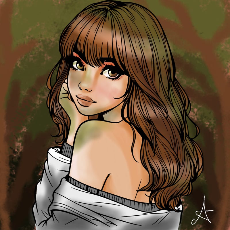 realistic girl with bangs looking over her shoulder