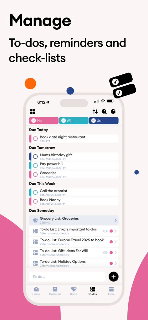 Cupla: Shared Couples Calendar - Une interface mobile de l'application Cupla montrant des listes de tâches, des rappels et des checklists partagés pour les couples.