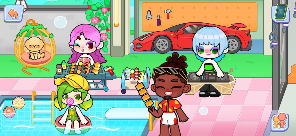 Game World: Life Story - Customizable characters having a vibrant pool party with a BBQ and DJ in a digital dollhouse world.