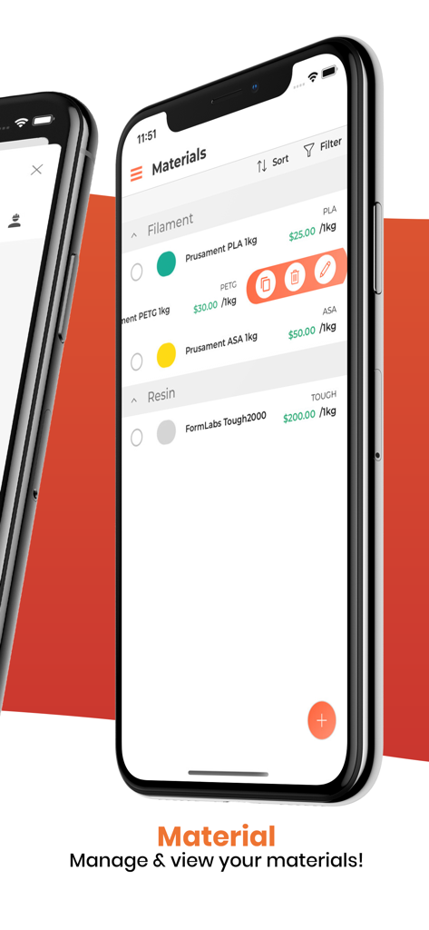 Un smartphone que muestra la pantalla de gestión de materiales con los costos de filamento y resina