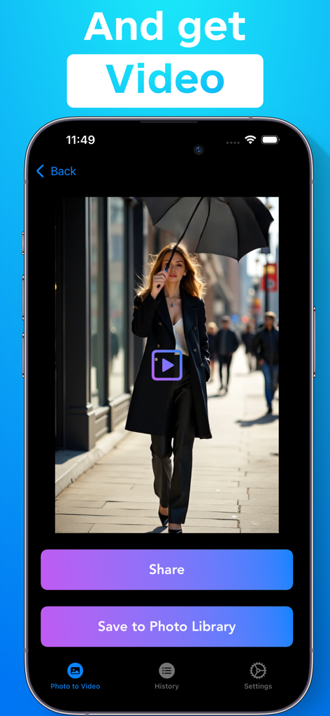 My Video AI - Image To Video - AI video generator app interface showing a generated video and buttons to share or save to the photo library.