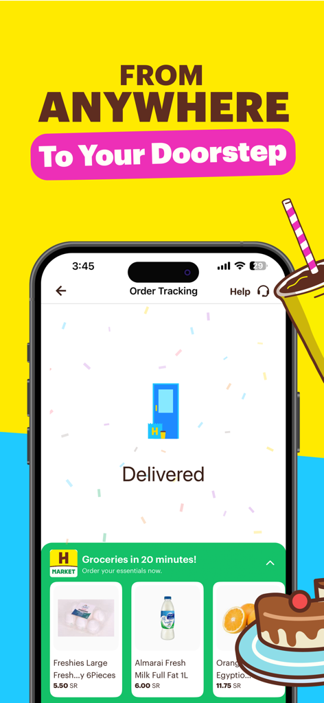HungerStation - Food Delivery - HungerStation-Mobil-App-Bestellverfolgungsbildschirm mit dem Status 'Geliefert' und Lebensmittelartikeln