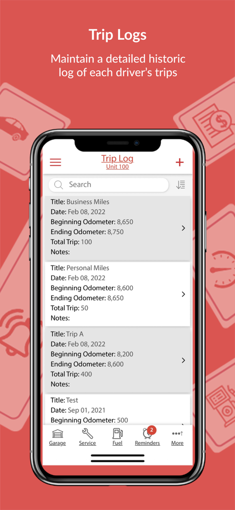 AUTOsist Fleet Management App - AUTOsist app screen showing a list of vehicle trip logs with mileage and odometer readings.
