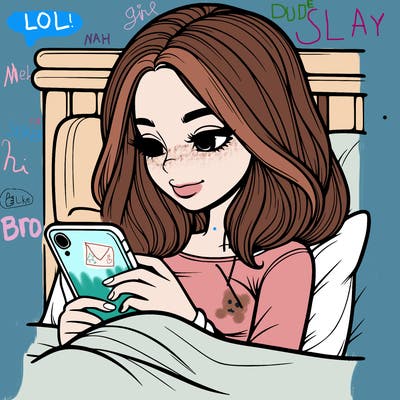 realistic girl looking at her phone in bed