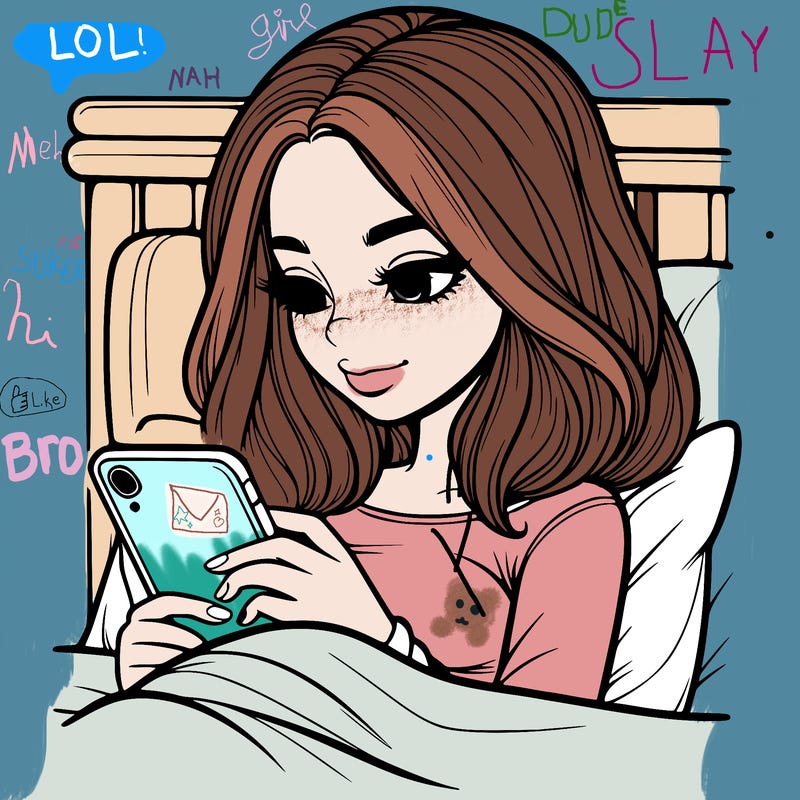 realistic girl looking at her phone in bed