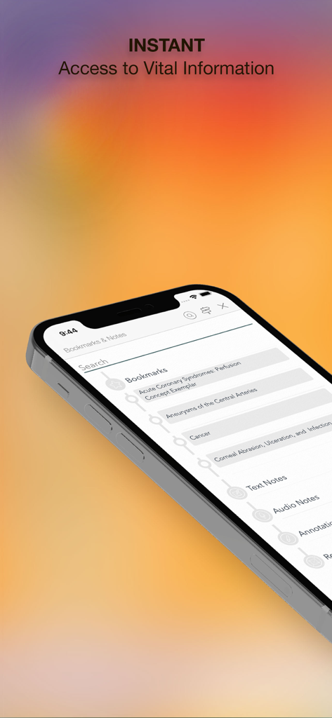 Un smartphone que muestra la sección de marcadores y notas de la aplicación Med-Surg Nursing con resultados de búsqueda clínicos.